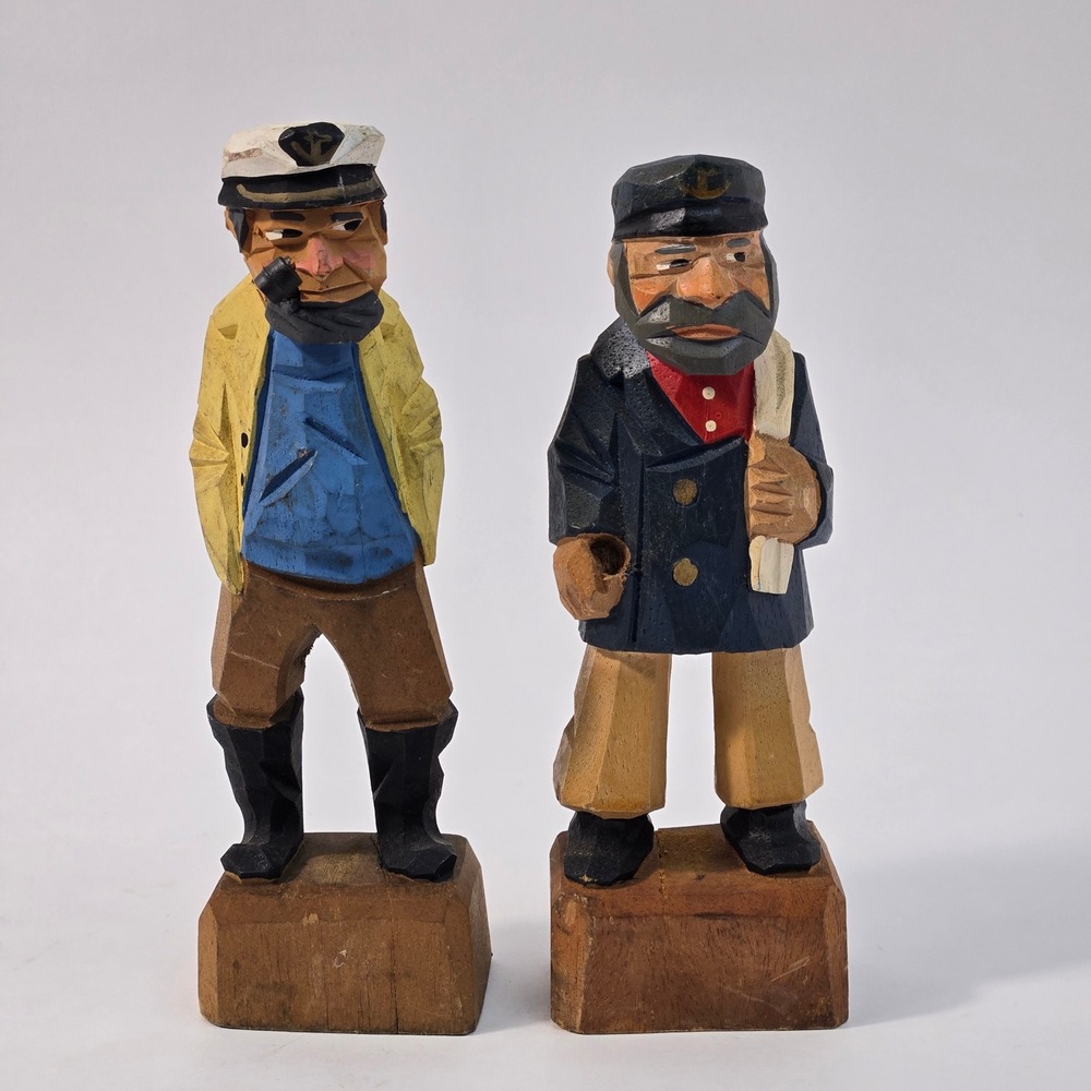 Vintage 1988 Enesco Sea Captain Wood Carved Figurines Nautical Mariner Set of 2